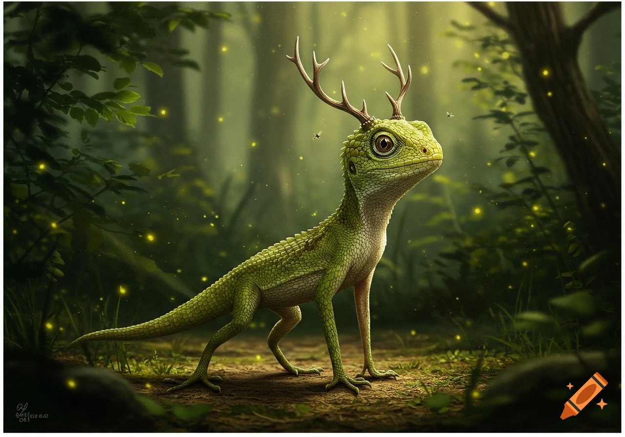 A green lizard-like creature with small deer antlers stands on a forest floor, surrounded by glowing fireflies in a magical forest setting.