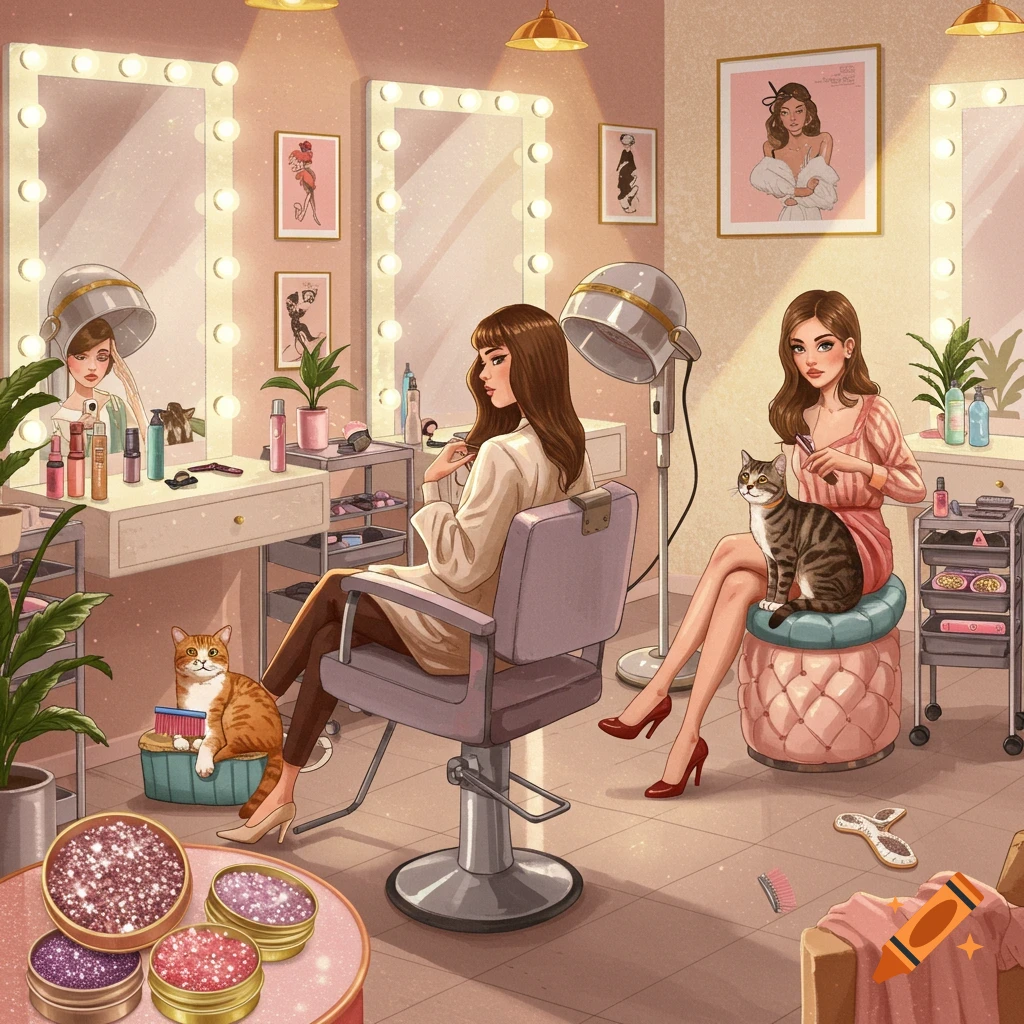 Two women and their cats in a cozy hair salon with mirrors, beauty products, and hair dryers.