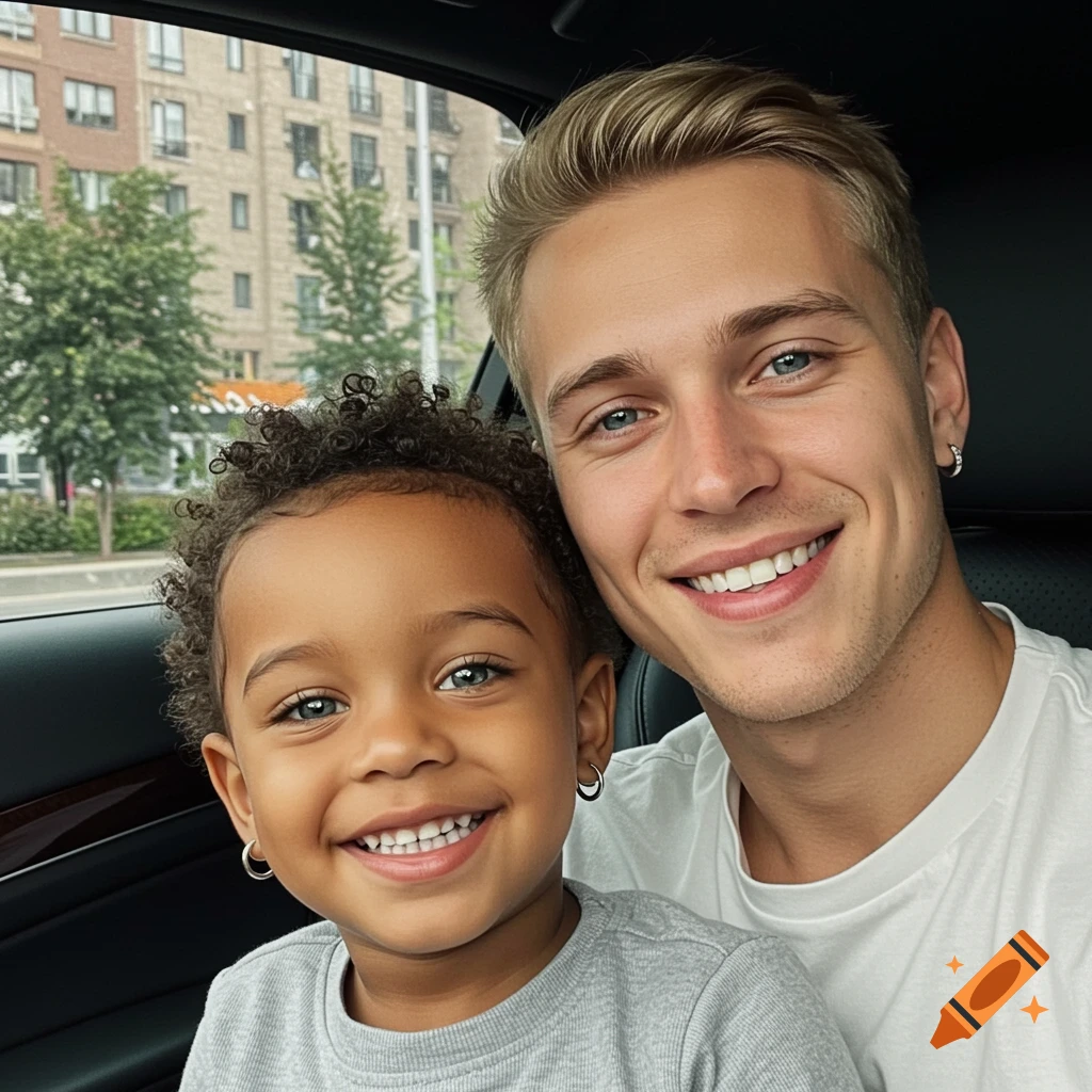Close-up of a smiling blonde man and a curly-haired child in a car.