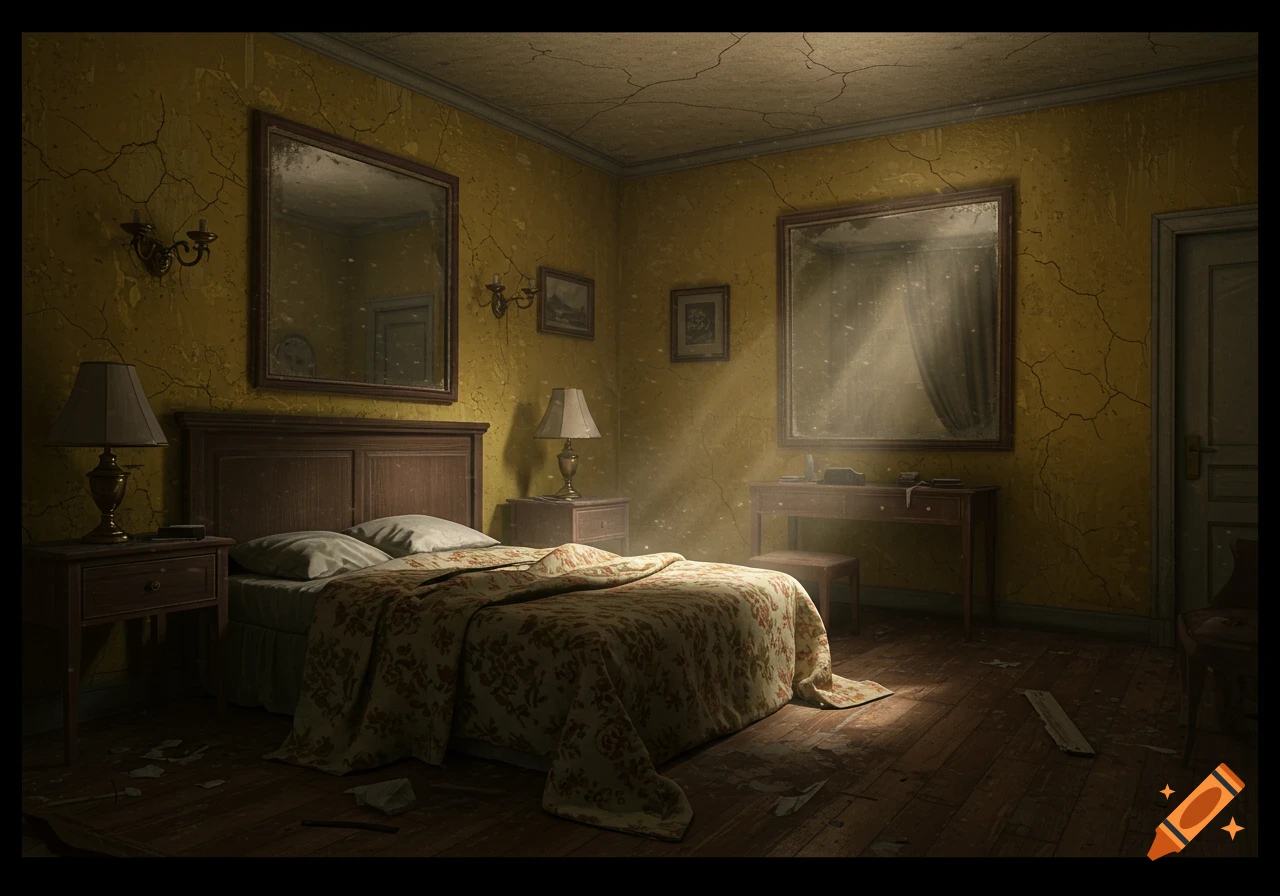 A dusty, dilapidated old hotel room with cracked yellow walls, a bed with a floral blanket, and two large mirrors.