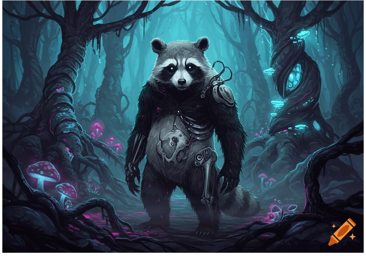 A raccoon-like creature with skeletal cyborg parts stands in a dark, bioluminescent alien forest with glowing mushrooms, in a digital art style.