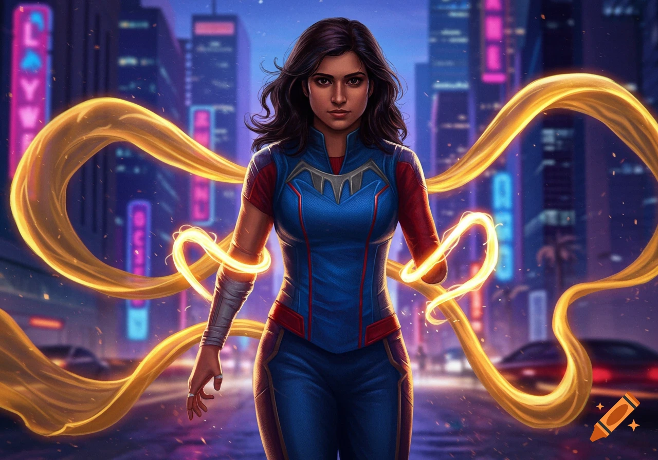 A stylized depiction of Kamala Khan, wearing a blue and red superhero suit, with her right arm missing below the elbow. Golden energy ribbons flow around her as she stands in a vibrant futuristic city at night.