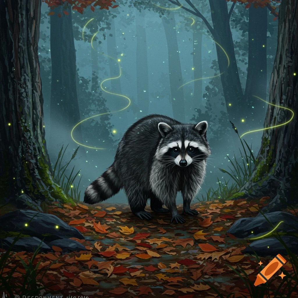 Digital painting of a raccoon on a leaf-covered forest floor at dusk, surrounded by glowing light trails.