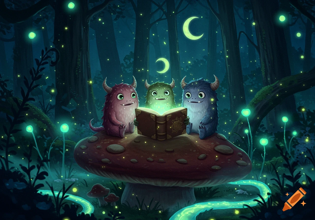 Three cute, fluffy monsters, green, pink, and blue, sit on a large mushroom in a magical forest, reading a glowing book under crescent moons.