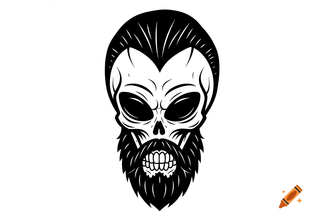 Black and white illustration of an alien skull with a mohawk and a beard.