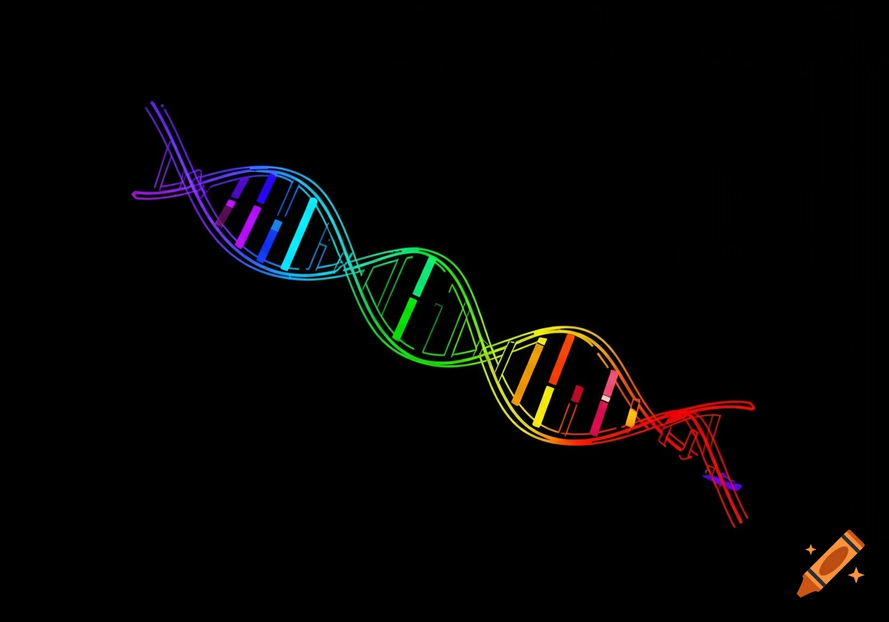 A rainbow-colored DNA double helix rendered as vibrant line art against a solid black background.
