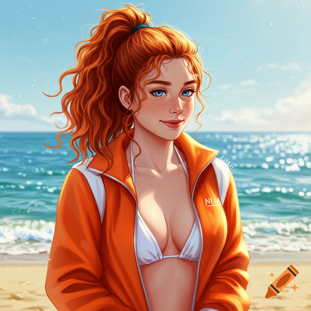 An anime-style portrait of a smiling redhead woman with blue eyes, wearing an orange jacket over a white bikini, standing on a sandy beach with the ocean in the background.