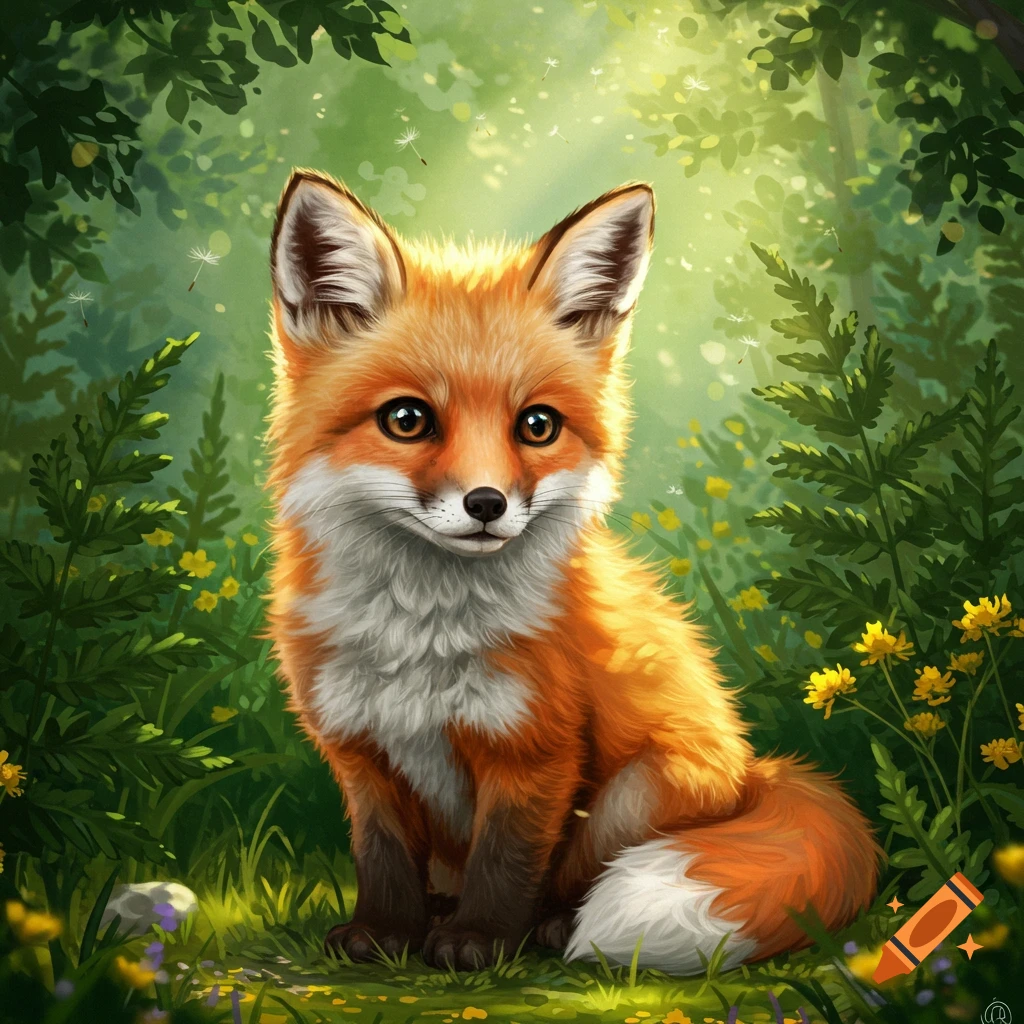 A cute red fox with fluffy fur sits in a sunny green forest with yellow flowers. Digital art.