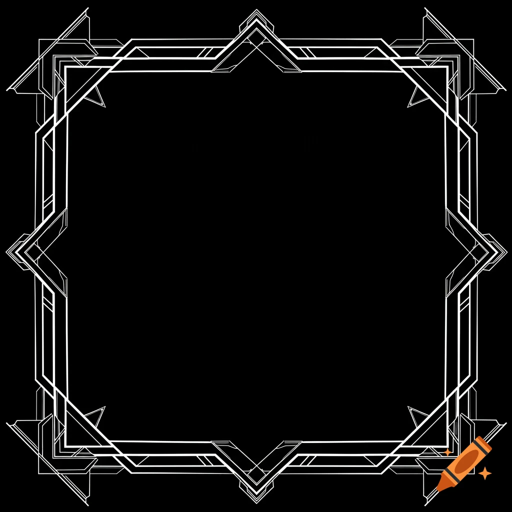A white geometric Art Deco style border on a black background.