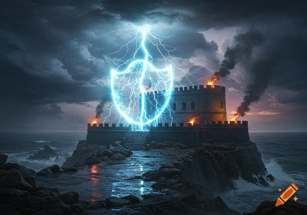A stone fort on a stormy, rocky coast, with a vibrant blue lightning shield hovering above it and fires burning on its walls.