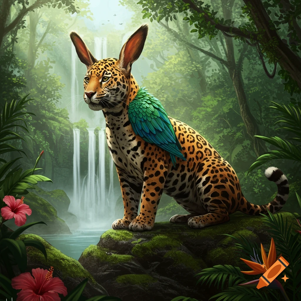 A hybrid jaguar with hare ears and parrot feathers sits on a mossy rock in a lush jungle with waterfalls.
