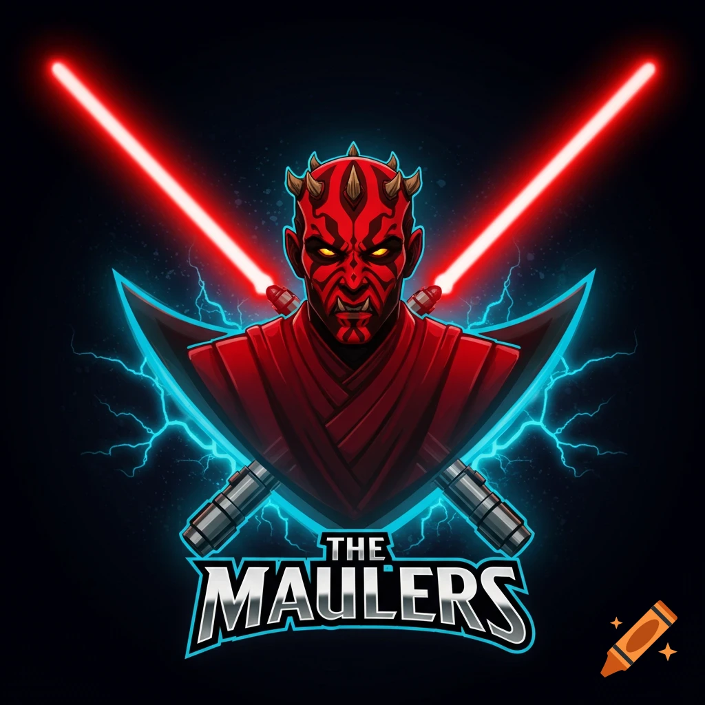 Cartoon logo of Darth Maul with crossed red lightsabers and blue lightning, above 'THE MAULERS' text.