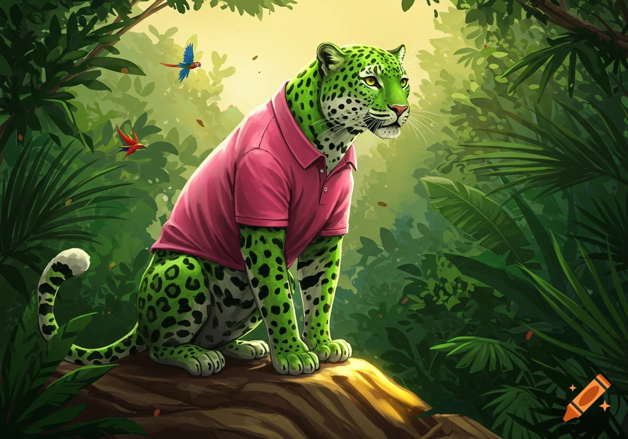 A green leopard wearing a pink polo shirt sits on a log in a lush jungle with two small birds flying.
