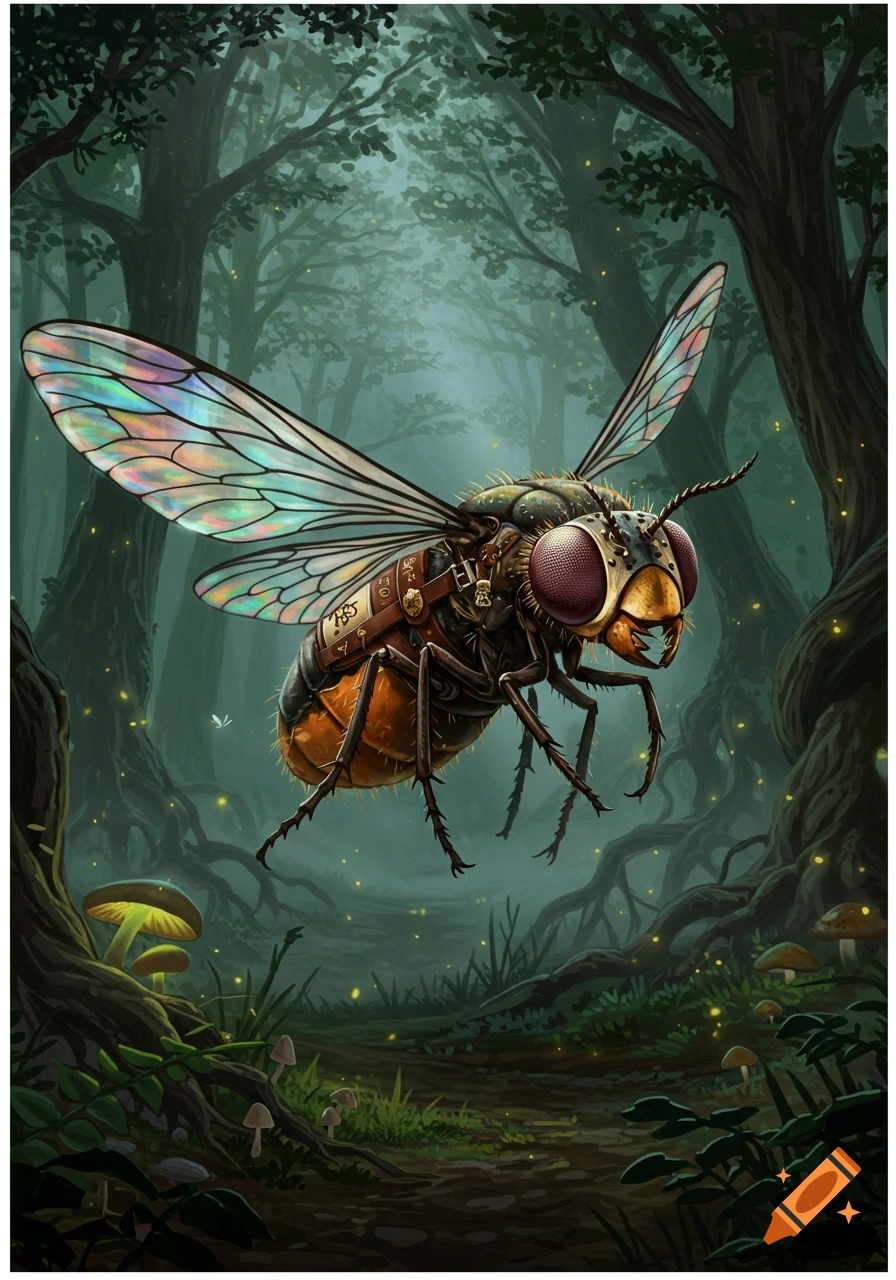 A detailed fantasy illustration of a large blowfly with iridescent wings and a vest flying through a misty, glowing forest with mushrooms.