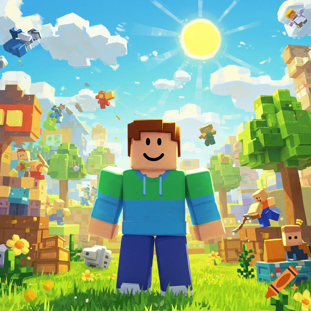 A blocky character with a smiley face stands in a vibrant block-style world with other characters and buildings under a sunny sky.