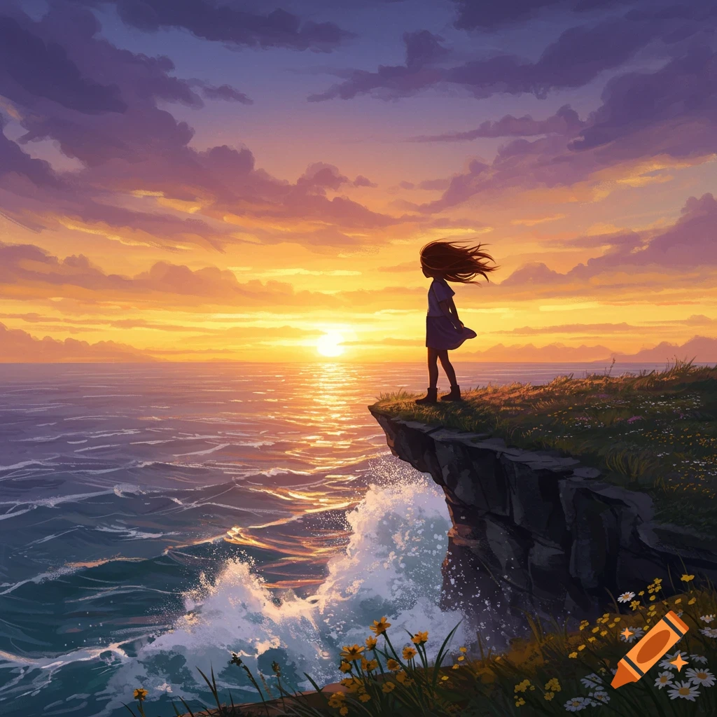 Stylized illustration of a girl standing on a grassy cliff overlooking a sunset ocean with waves crashing below.