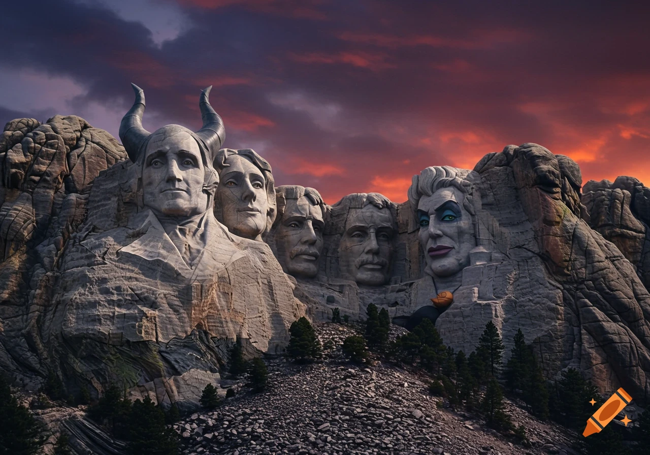 Reimagined Mount Rushmore with Disney villains Maleficent, Scar, Ursula, and Jafar carved into a mountain under a dramatic sunset.
