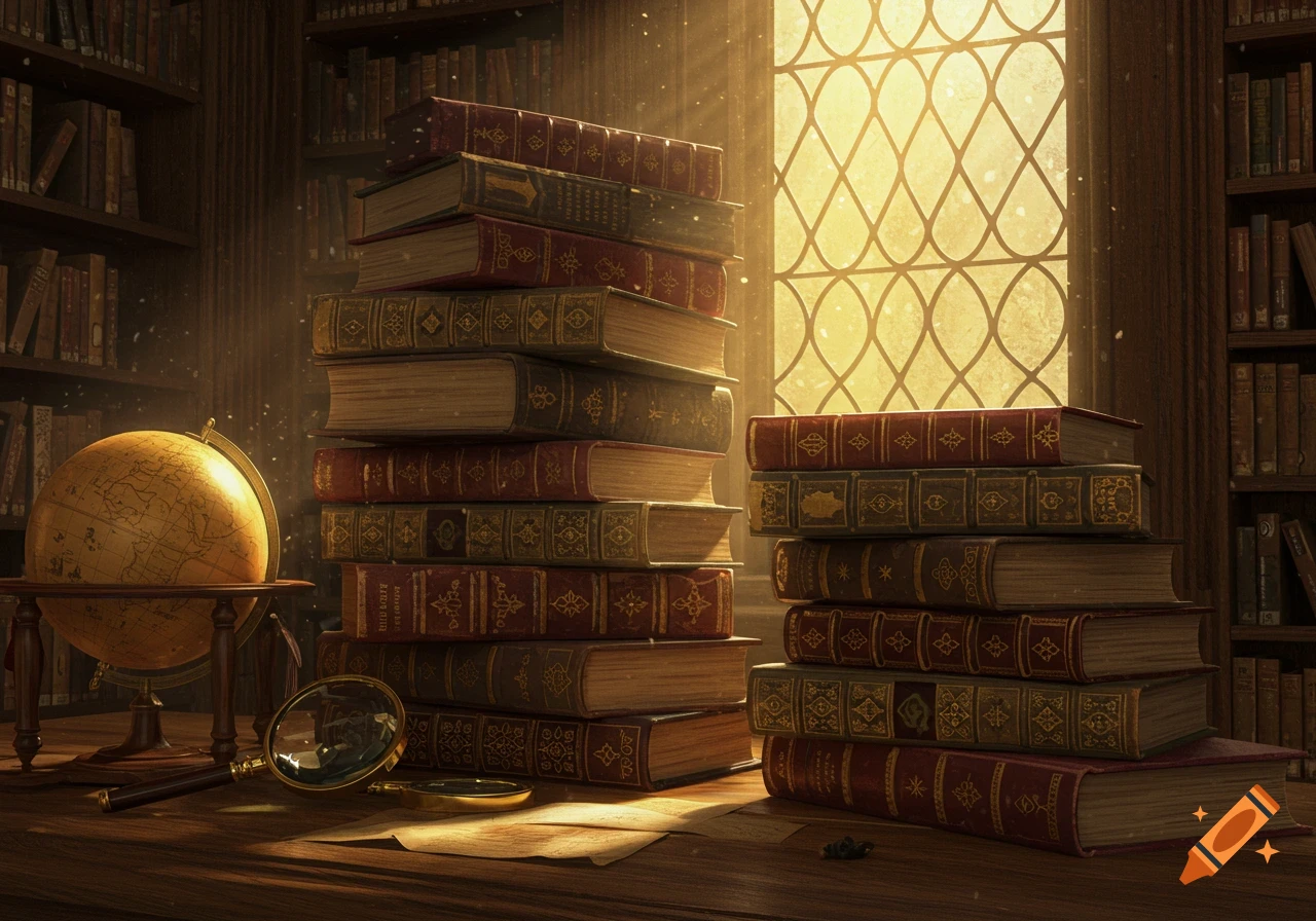 A cozy library scene with stacks of old books, a globe, and a magnifying glass on a wooden table, bathed in warm sunlight from a window.