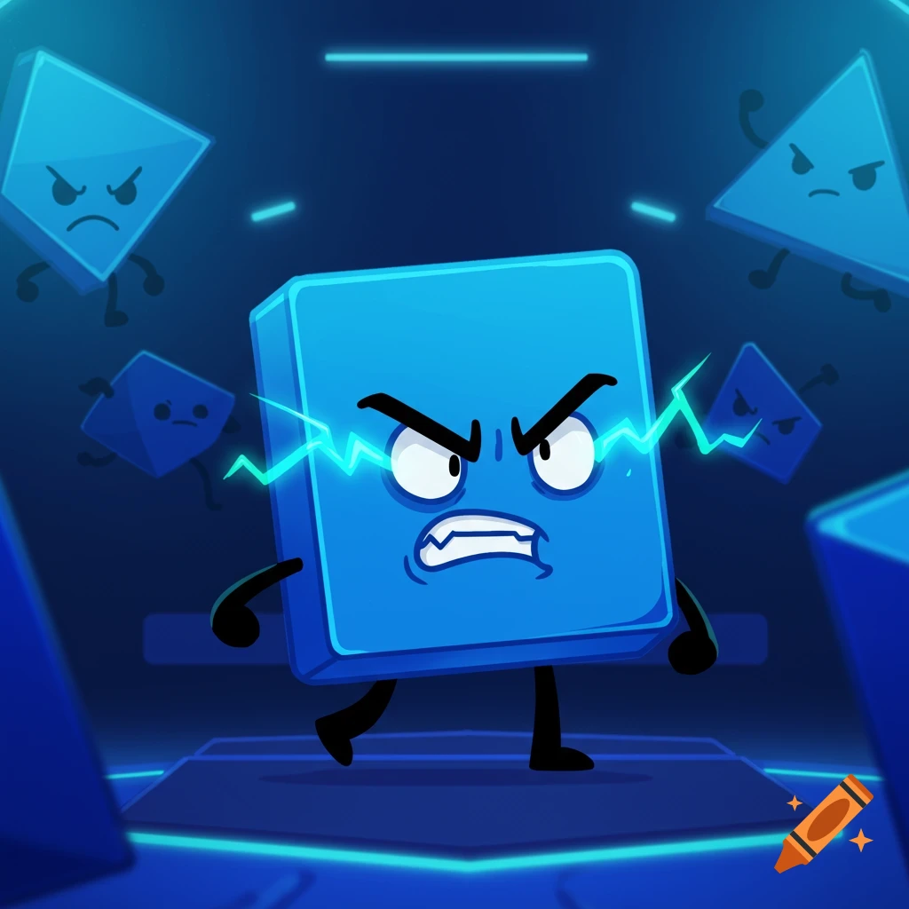 An angry blue square cartoon character with lightning from its eyes stands in a dark blue futuristic room, surrounded by other angry geometric shapes.