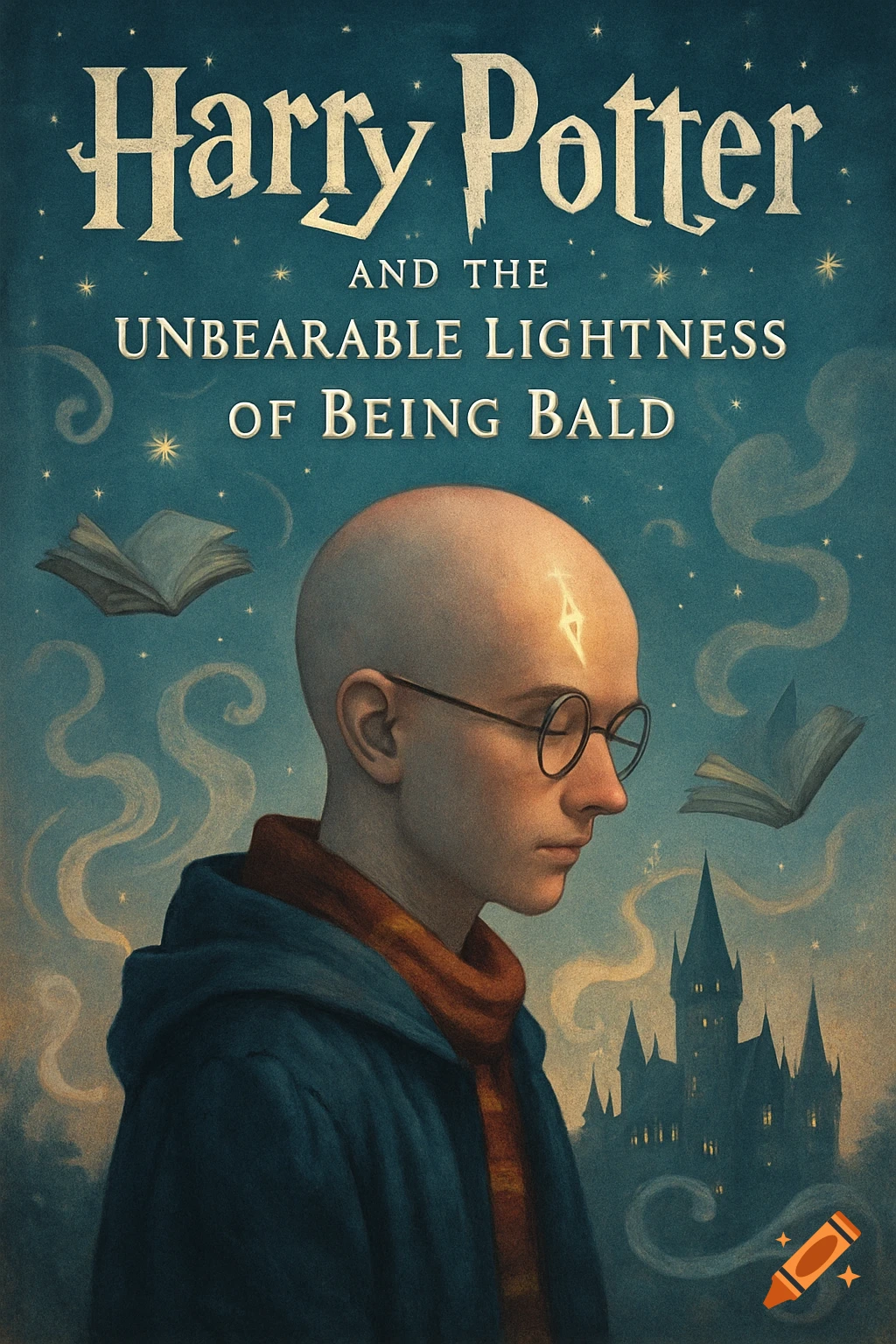 Stylized book cover of a bald Harry Potter with glasses and a scar, wearing a scarf, against a starry sky with a castle.
