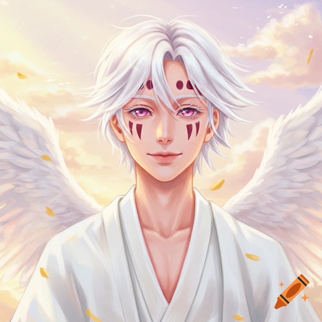 Anime portrait of an angelic man with white hair, pink eyes, and dark facial markings, wearing a white haori, against a sunrise sky with falling petals.
