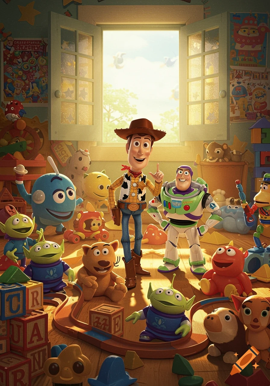 Woody, Buzz Lightyear, and other animated toys in a bright playroom with a sunlit window in the background.