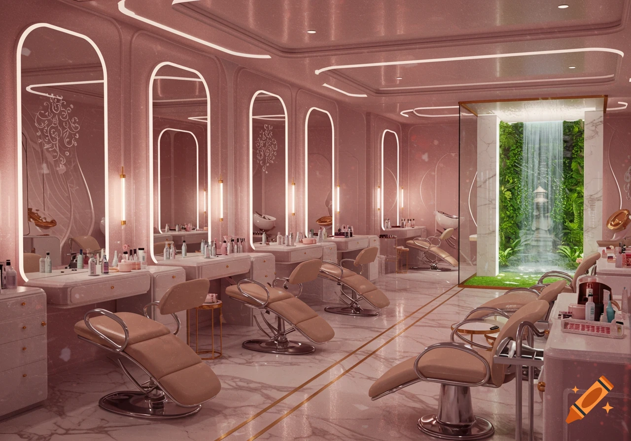 Luxurious pink and white beauty salon with styling chairs, mirrors, and a decorative indoor waterfall. Photorealistic.