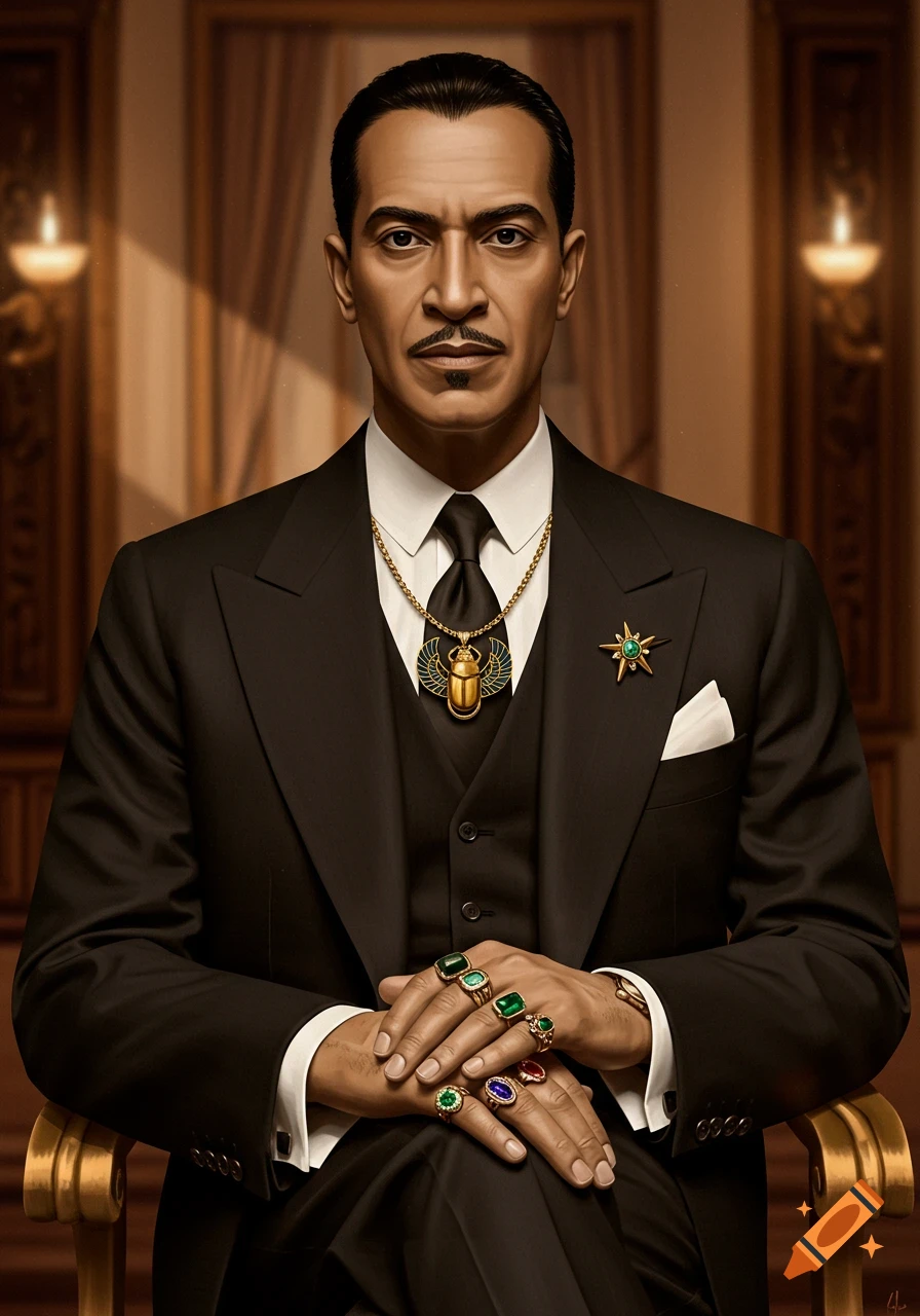 A dapper man in a black suit, white shirt, and black tie, wearing a scarab necklace and numerous rings, poses for a portrait in a luxurious, vintage setting.