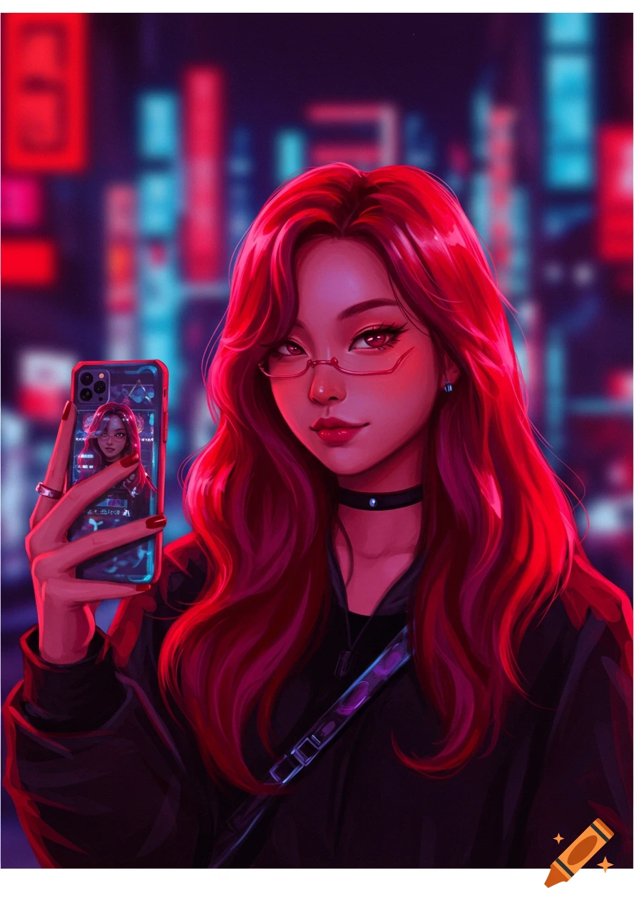 Stylized portrait of a girl with long red hair and glasses, taking a selfie with a phone in a neon city at night.