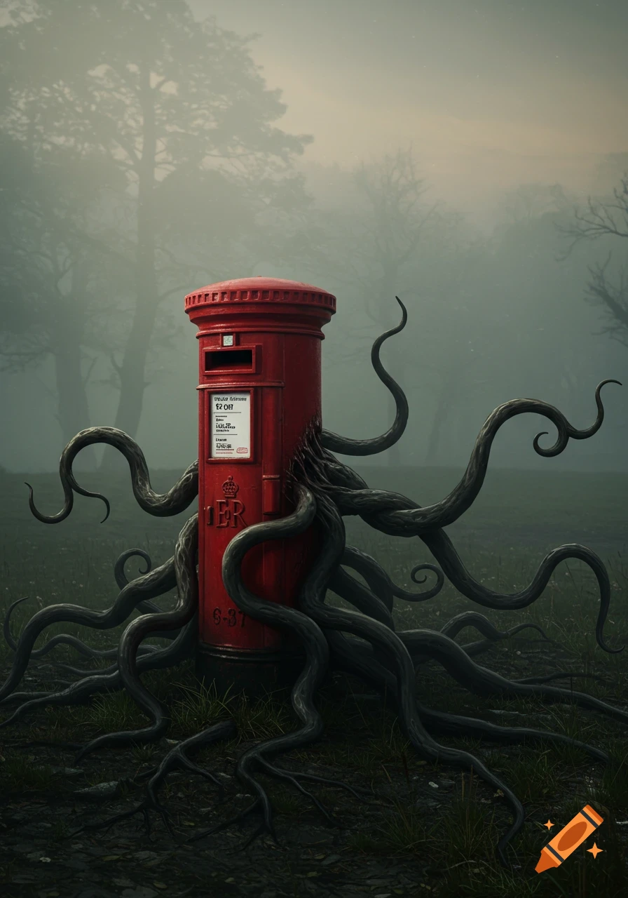 A red British postbox with dark, monstrous, gnarled roots emerging from its base and spreading across a foggy, grassy landscape with trees in the background, in a dark, creepy style.