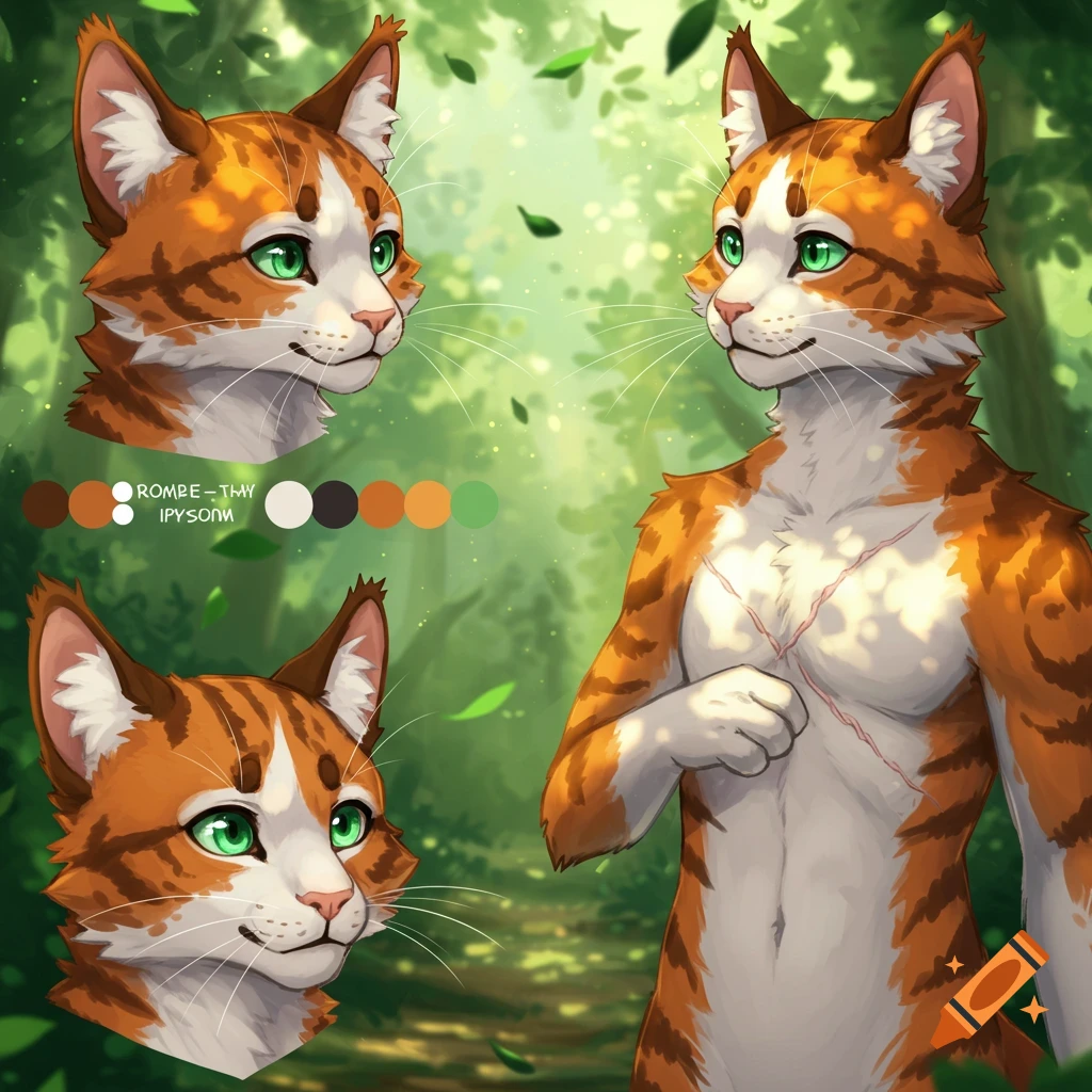 Stylized reference sheet of a male orange and white striped calico cat fursona with green eyes and top surgery scars, against a green forest background.