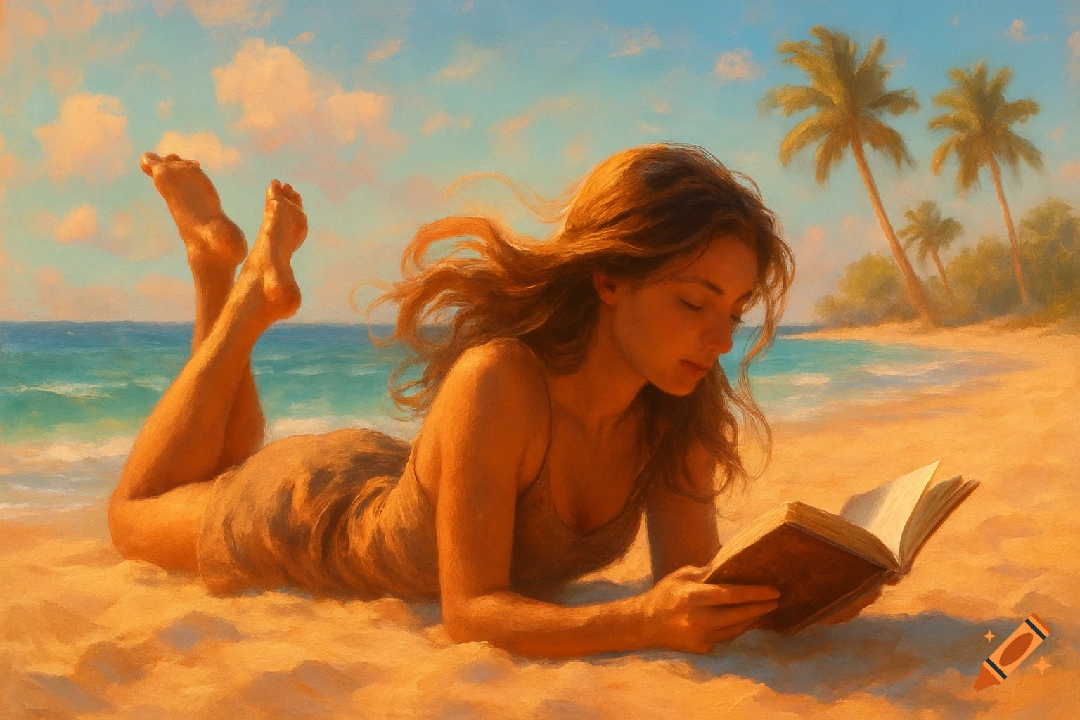 A young woman in a dress lies on a sandy beach, reading a book with her legs crossed. Ocean and palm trees in the background, painterly style.