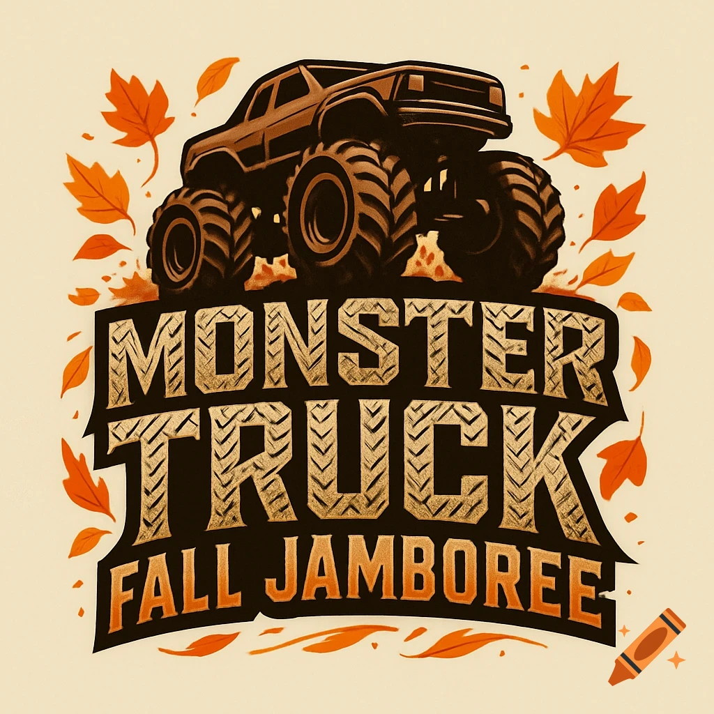 Stylized logo graphic featuring a monster truck surrounded by fall leaves, with the text 'MONSTER TRUCK FALL JAMBOREE'.