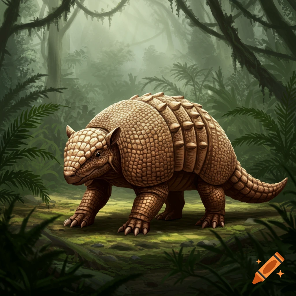 A detailed illustration of an armadillo-ankylosaurus hybrid creature walking through a lush, misty jungle.