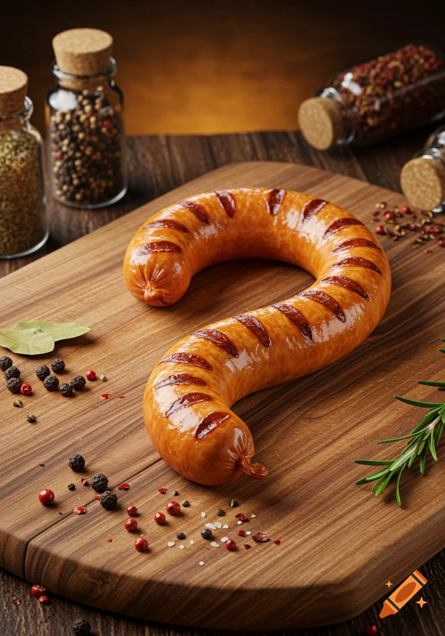 Grilled sausage shaped like a question mark on a wooden cutting board with spices and herbs.