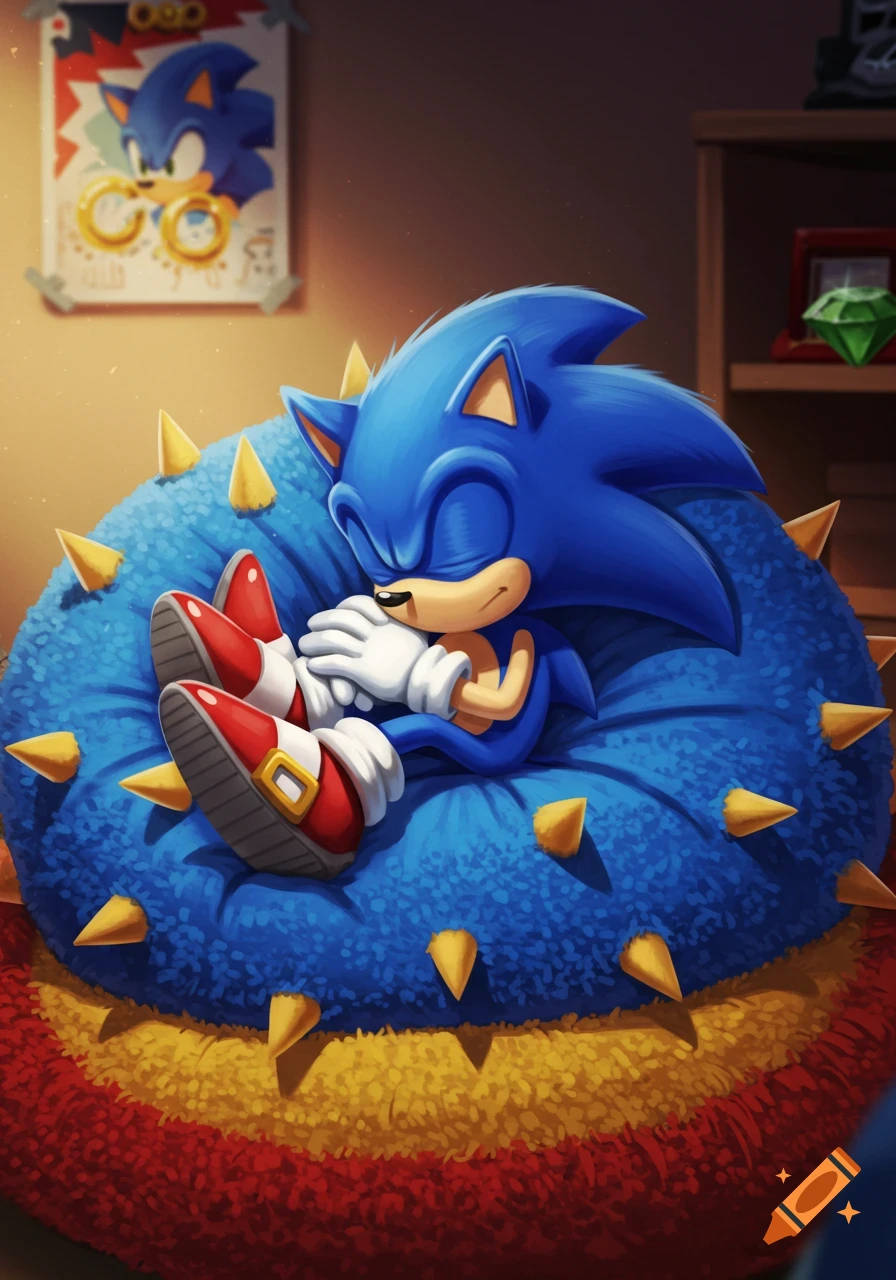 Sonic the Hedgehog sleeping peacefully on a blue spiky beanbag chair, with a poster of Sonic on the wall.