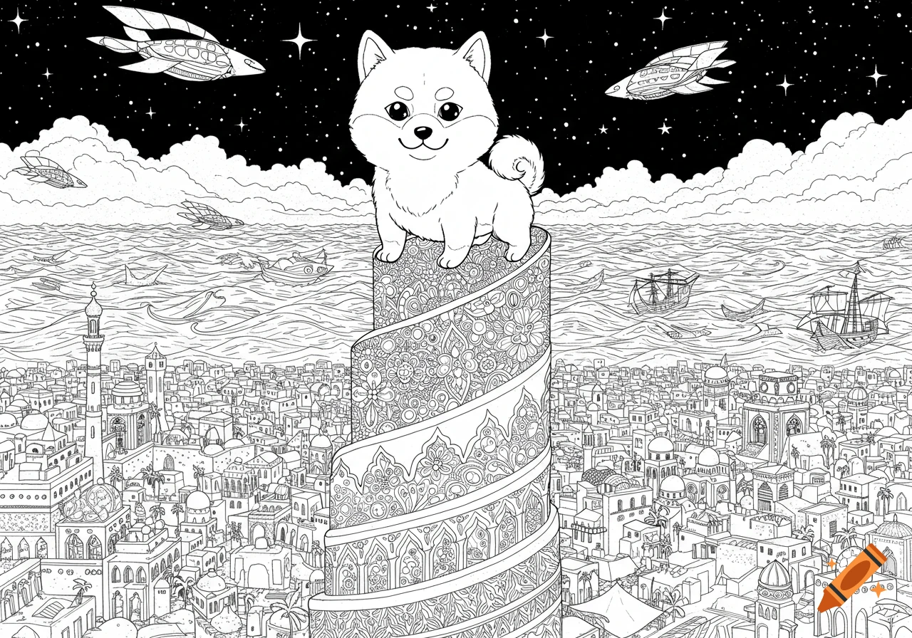 Black and white line art of a fluffy shiba dog on a detailed tower, overlooking a fantastical city, sea, and space with alien ships.