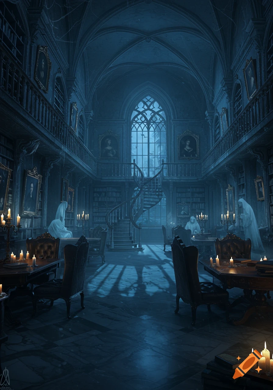 A dark, gothic library with a spiral staircase, bookshelves, glowing candles, and ghostly figures under moonlight.