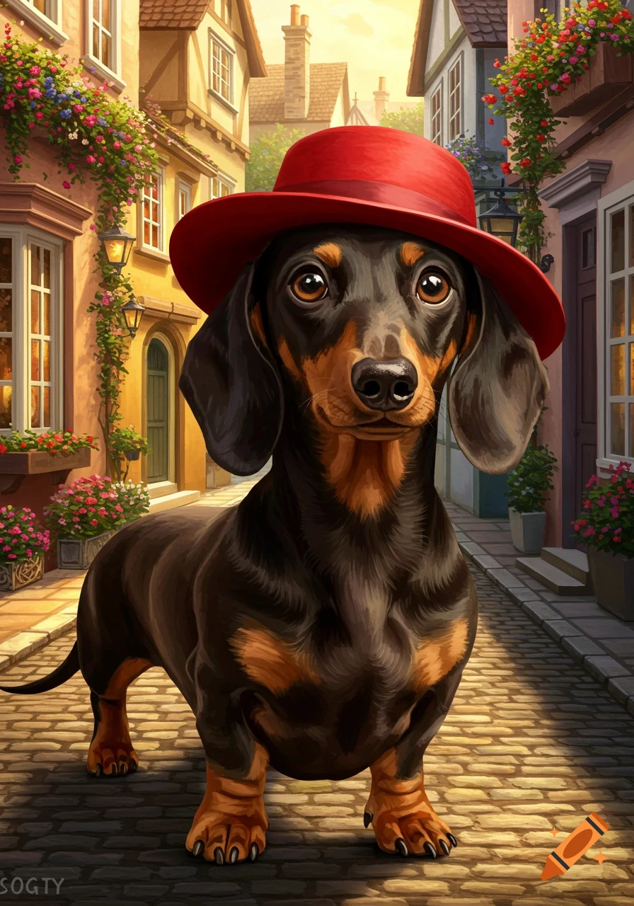 A brown and black dachshund wearing a red hat stands on a cobblestone street in a charming European village with flowers.
