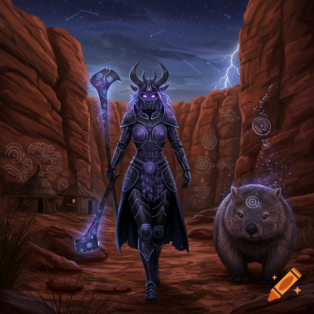 An armored warrior with glowing purple eyes and hair stands in a canyon at night with a staff, next to a mythical wombat, under a starry sky with lightning.