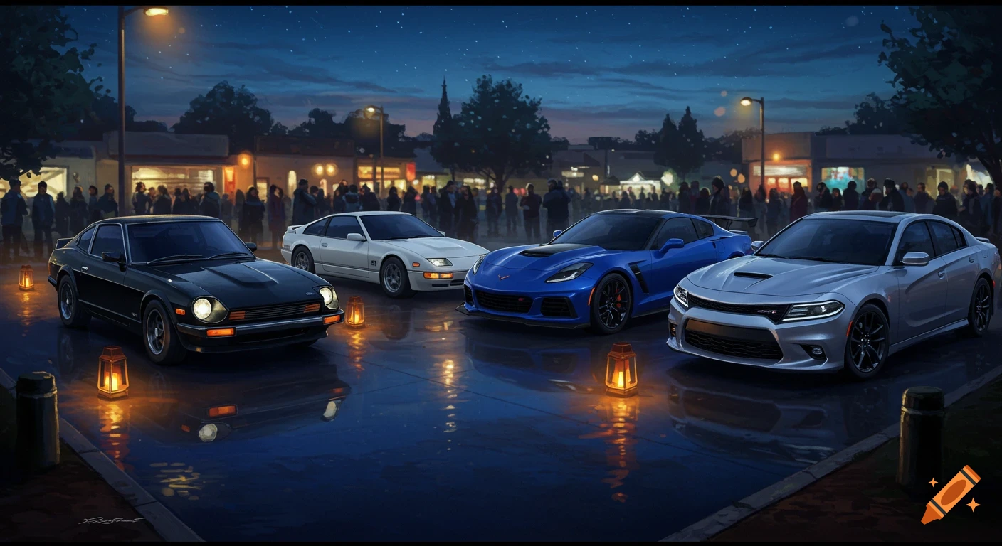 Four cars (black Datsun, white Nissan, blue Corvette, silver Dodge Charger) parked on a wet street at a night car meet. Stylized art.