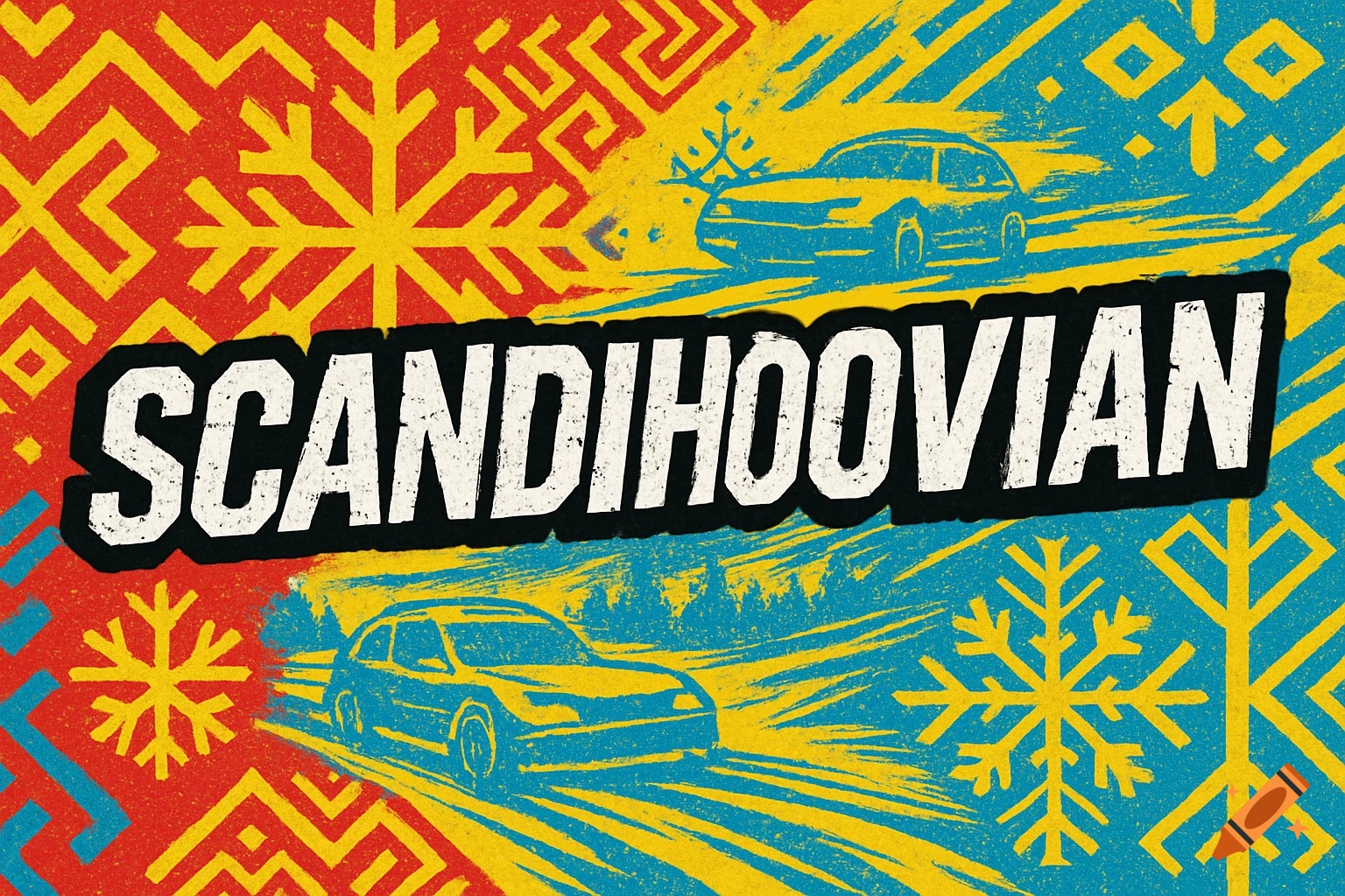 Distressed graphic design with 'SCANDIHOOVIAN' text, stylized cars, and folk art patterns with snowflakes in red, yellow, and blue.
