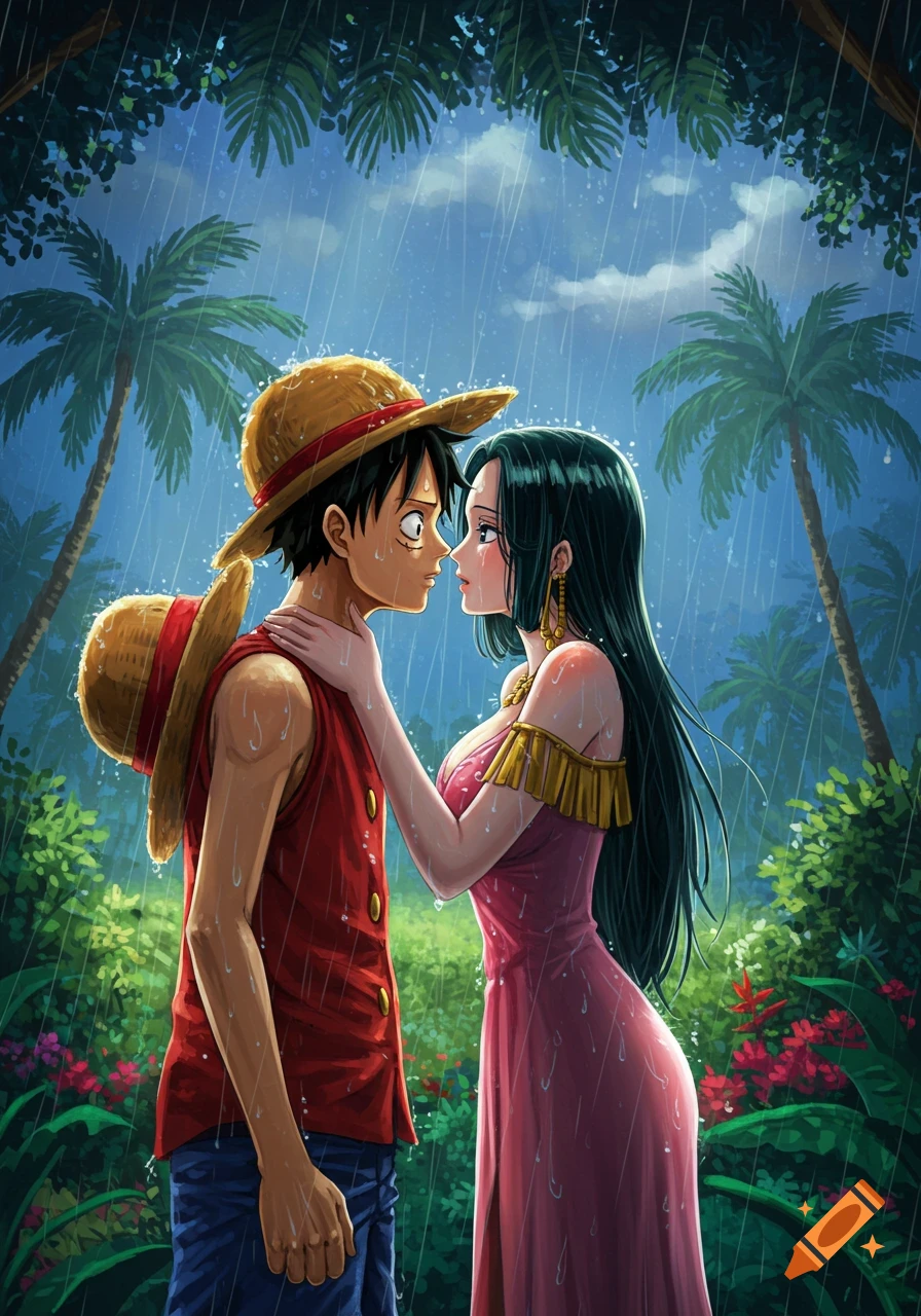 Luffy and Boa Hancock from One Piece stand face to face in the rain, surrounded by lush jungle foliage.