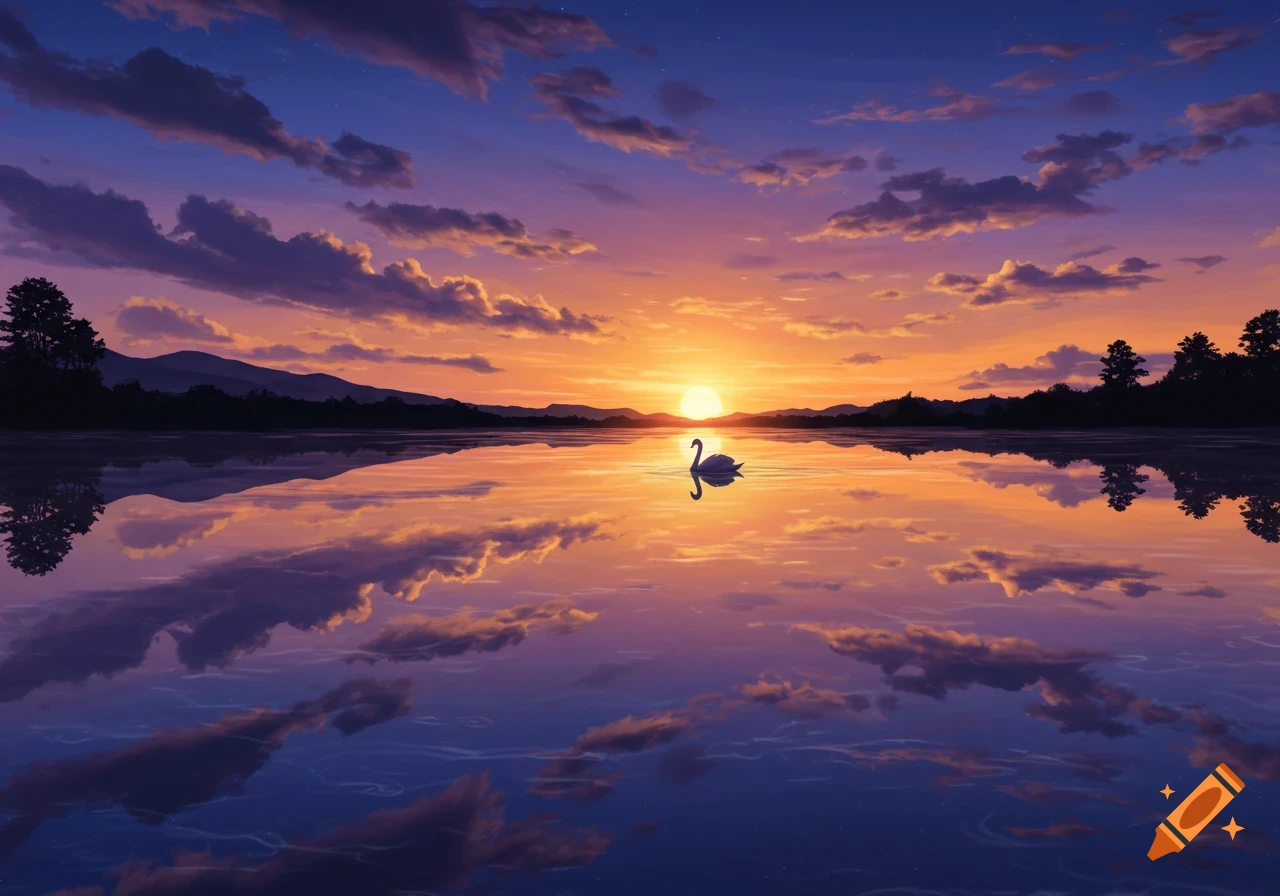 A swan on a calm lake reflects a vibrant sunset with purple and orange clouds and distant mountains.