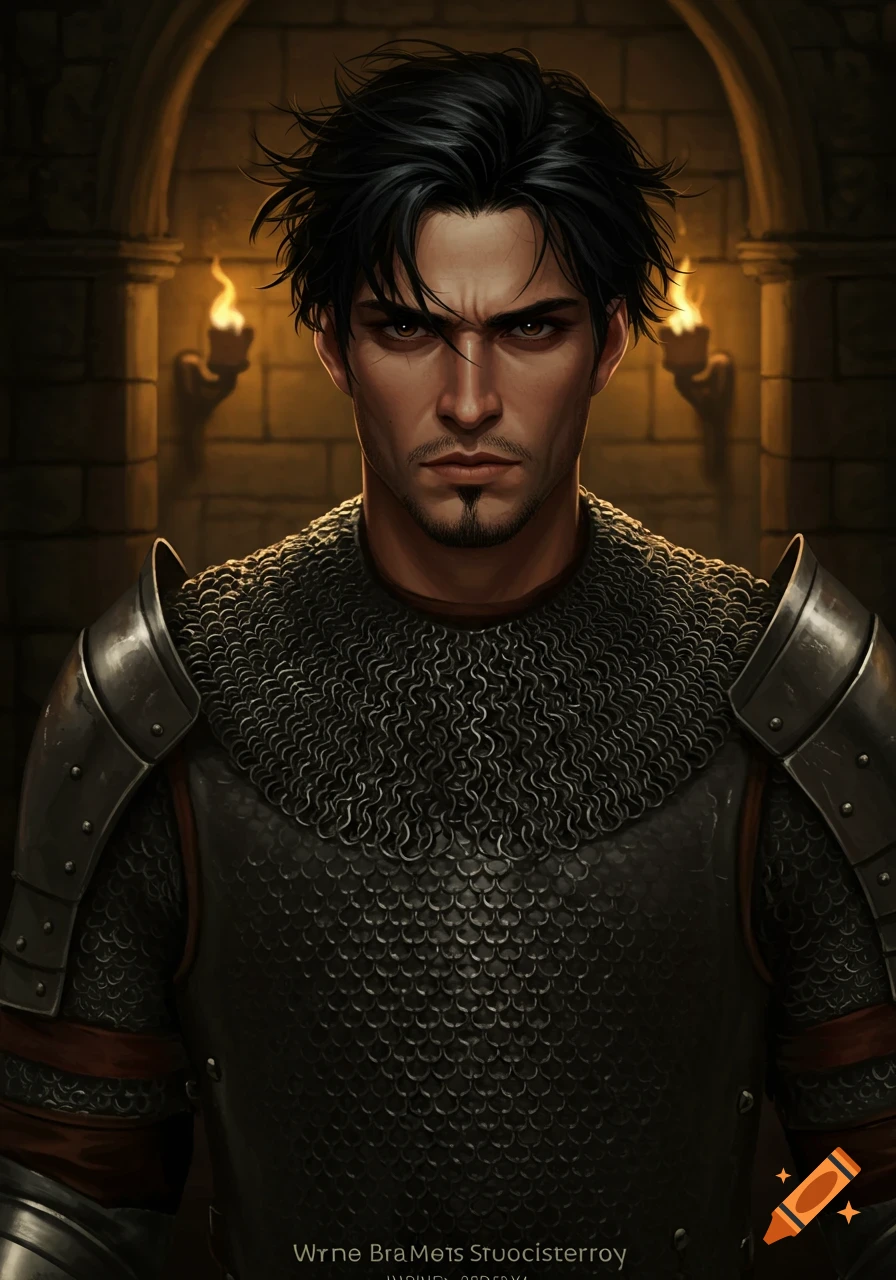 A stern man with dark hair and a goatee, wearing chainmail and plate armor, stands in a dimly lit stone castle.
