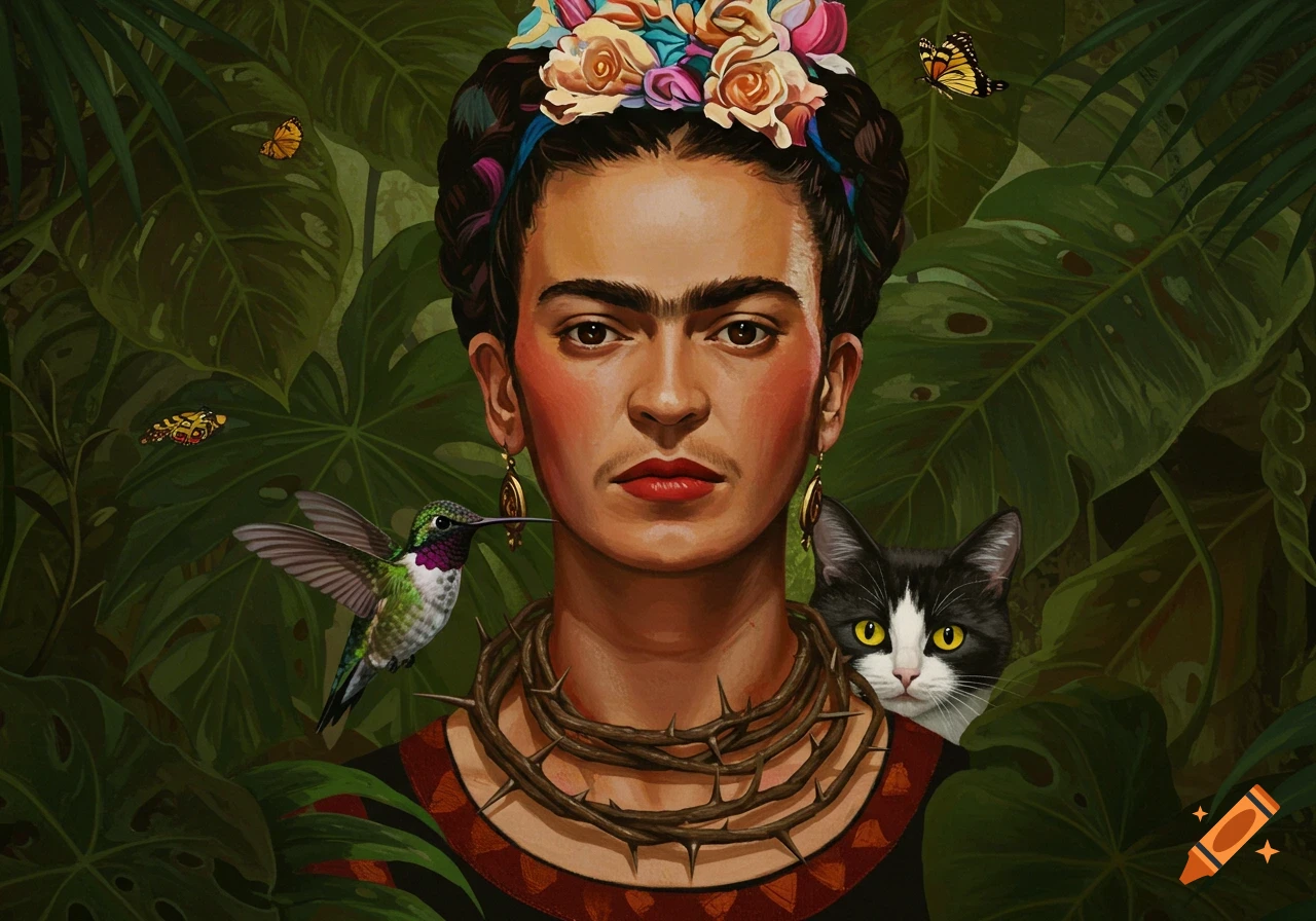 Stylized portrait of Frida Kahlo with a thorn necklace, floral crown, hummingbird, cat, and butterflies against tropical leaves.