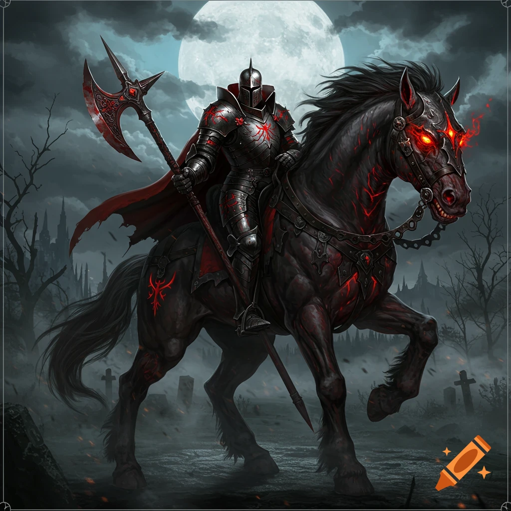 Dark armored knight with a large axe rides a black, red-eyed demonic horse through a spooky graveyard under a full moon.