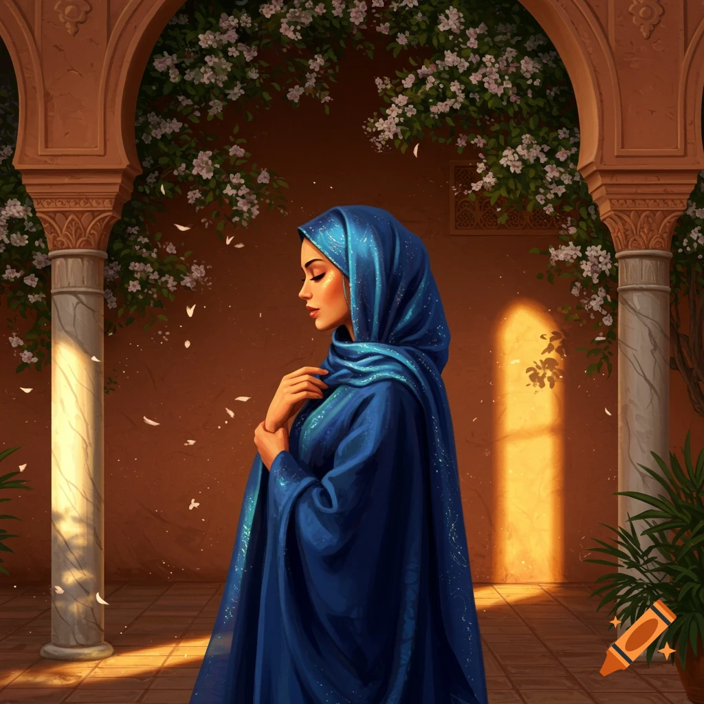 Digital painting of a woman in a blue hijab and abaya, standing in an arched courtyard with white flowering vines.