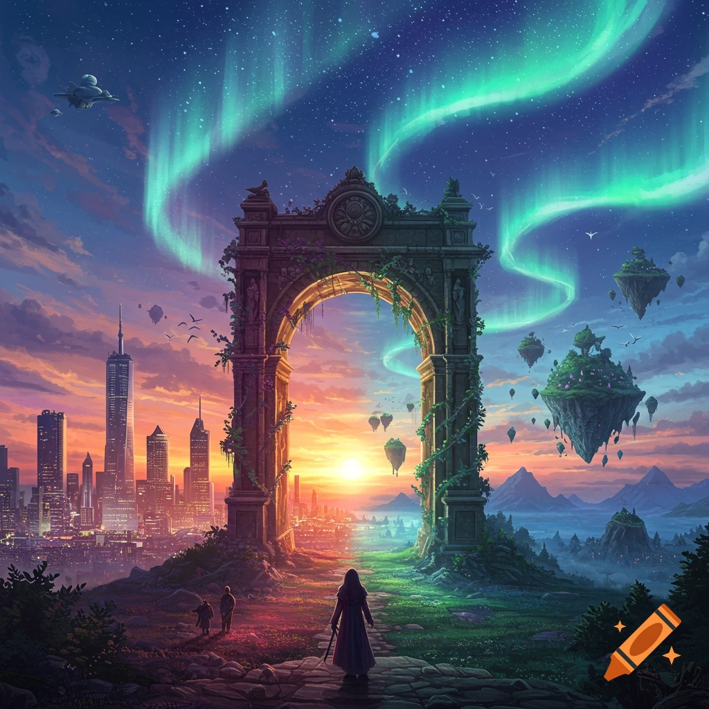 A fantasy landscape with a large archway connecting a city with skyscrapers on the left to a magical realm with floating islands on the right, under a starry sky with northern lights.