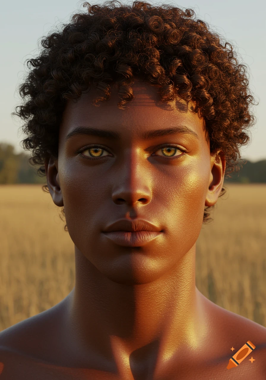 Photorealistic portrait of a young man with dark curly hair and golden eyes, half his face lit by warm sunlight in a field.